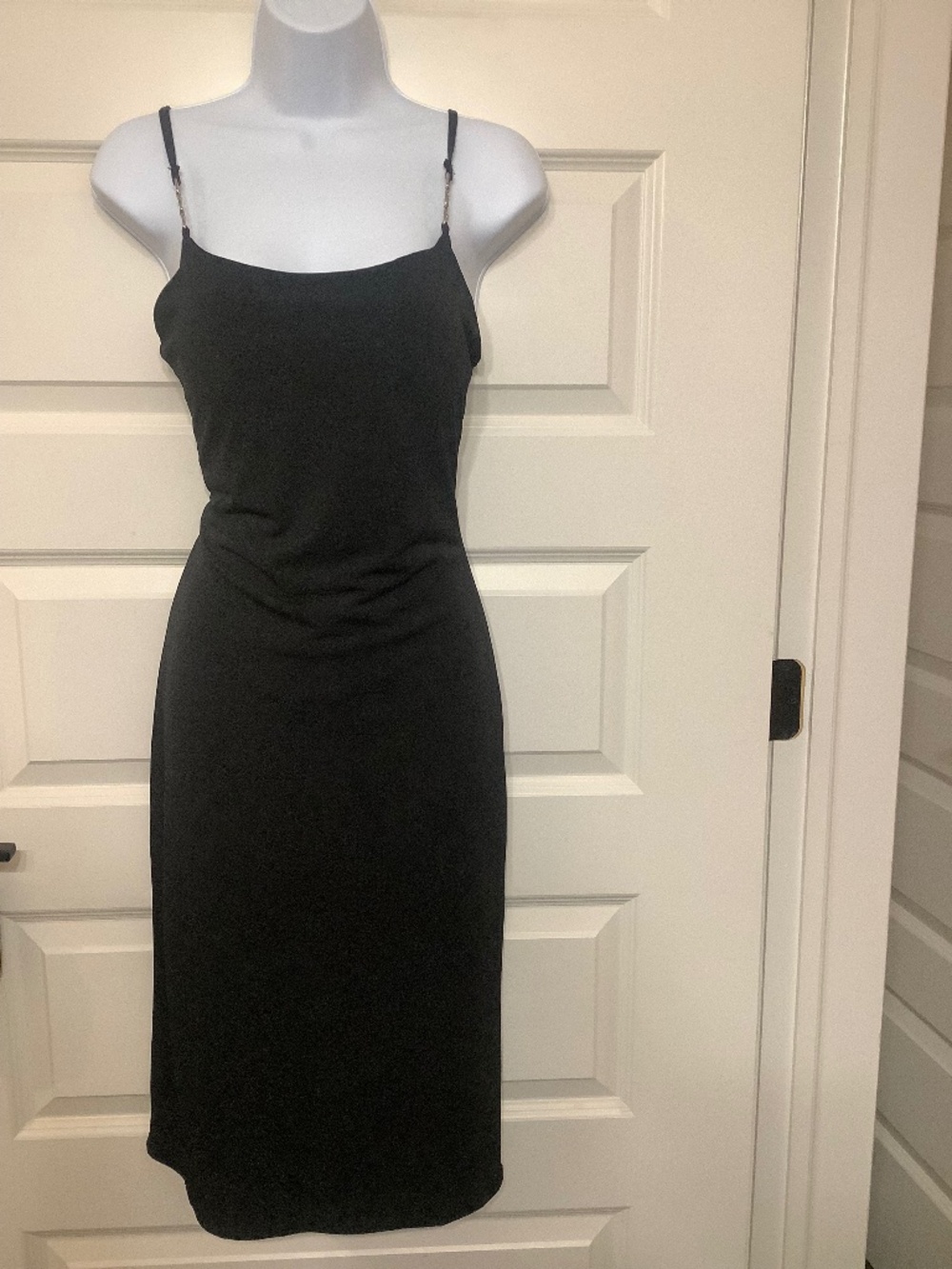 Planet Gold black midi dress with silver chain straps, size L